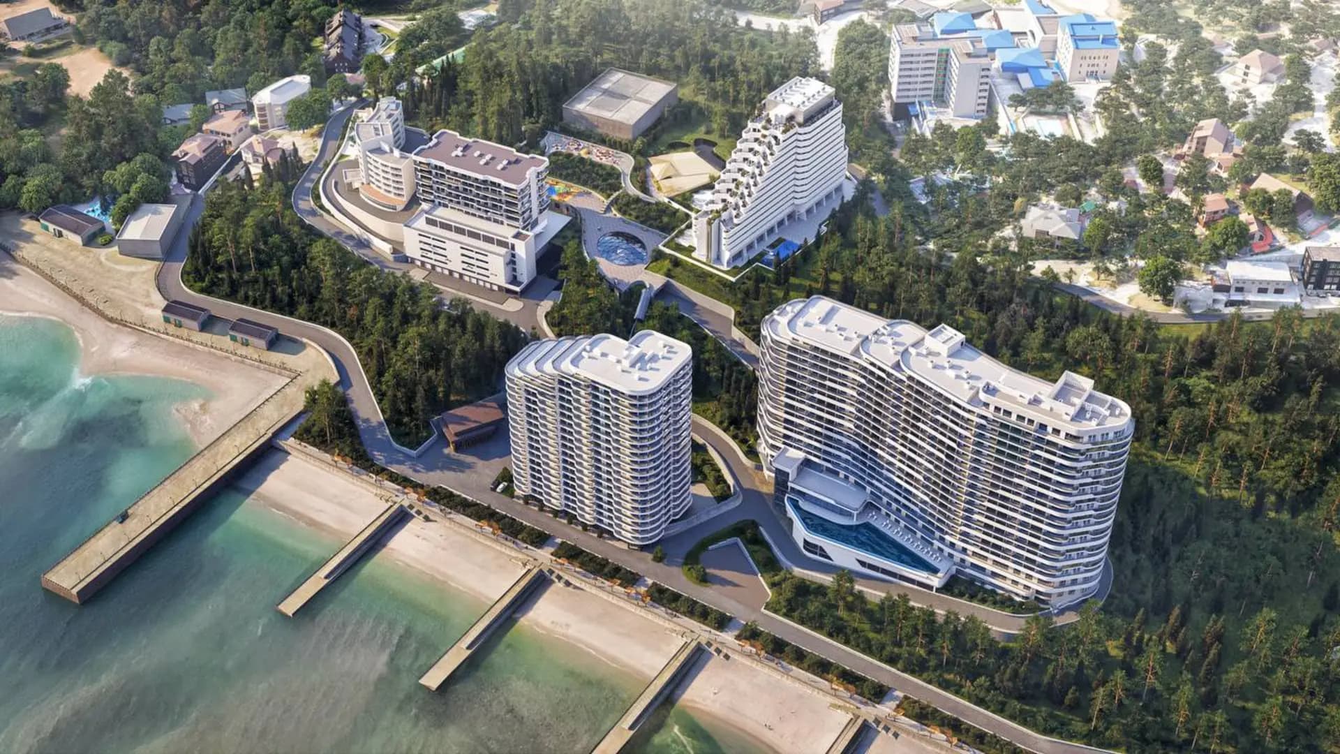 ЖК Лайнер — панорамный вид сверху на комплекс у моря